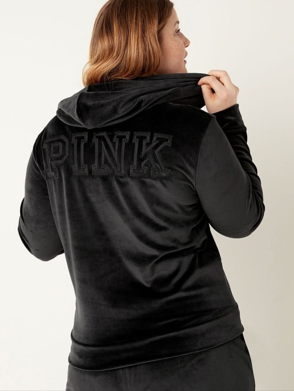 PINK Victoria's Secret Black Velour Hoodie with Tonal Logo
